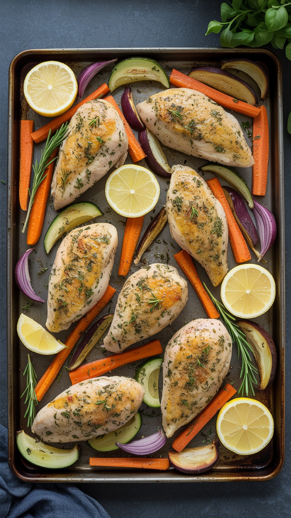 Sheet pan with lemon herb chicken and assorted vegetables