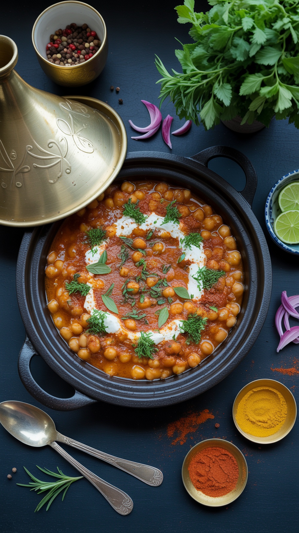 A vibrant Moroccan chickpea tagine with spices and fresh herbs