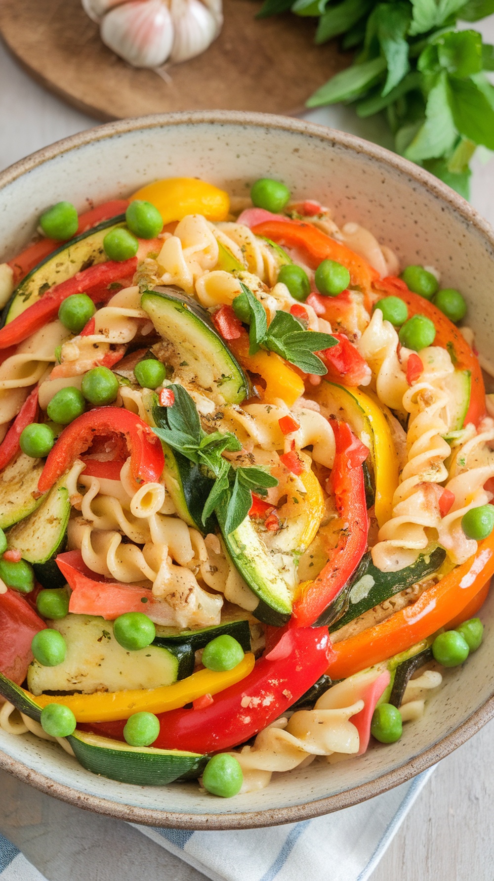 Colorful bowl of One-Pot Pasta Primavera with various vegetables