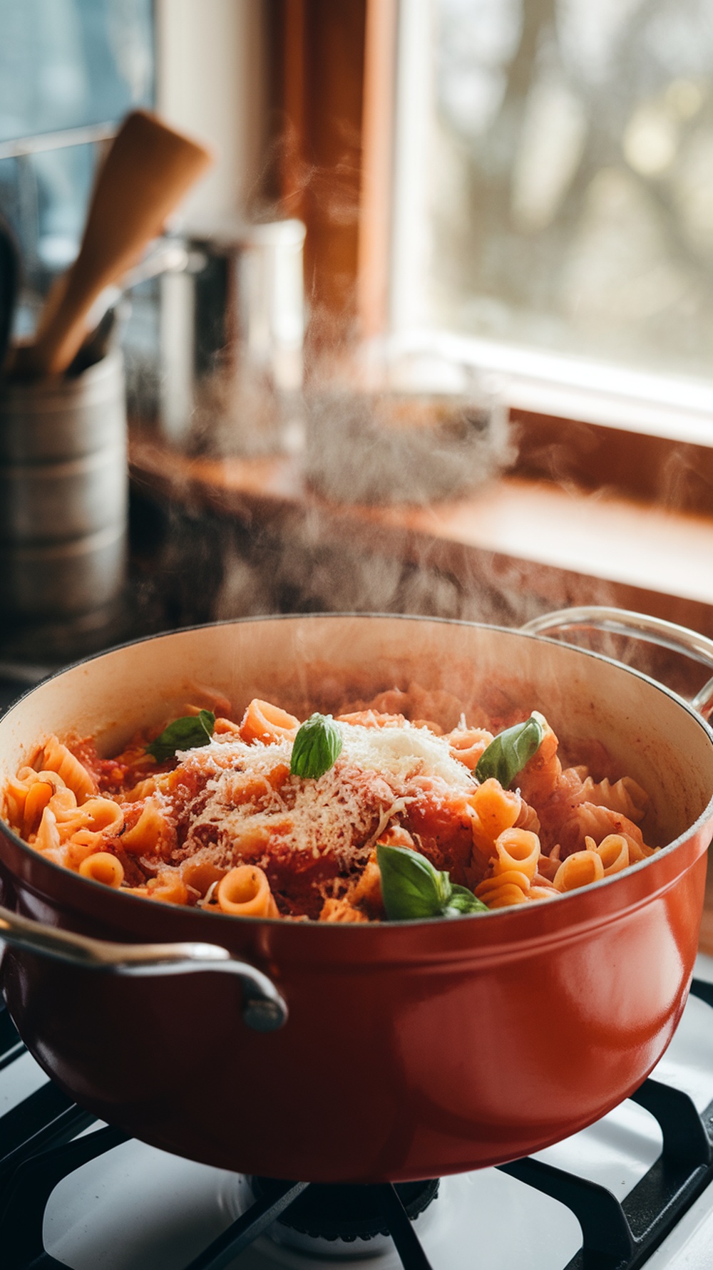 A pot of steaming tomato basil pasta with cheese and basil on top.