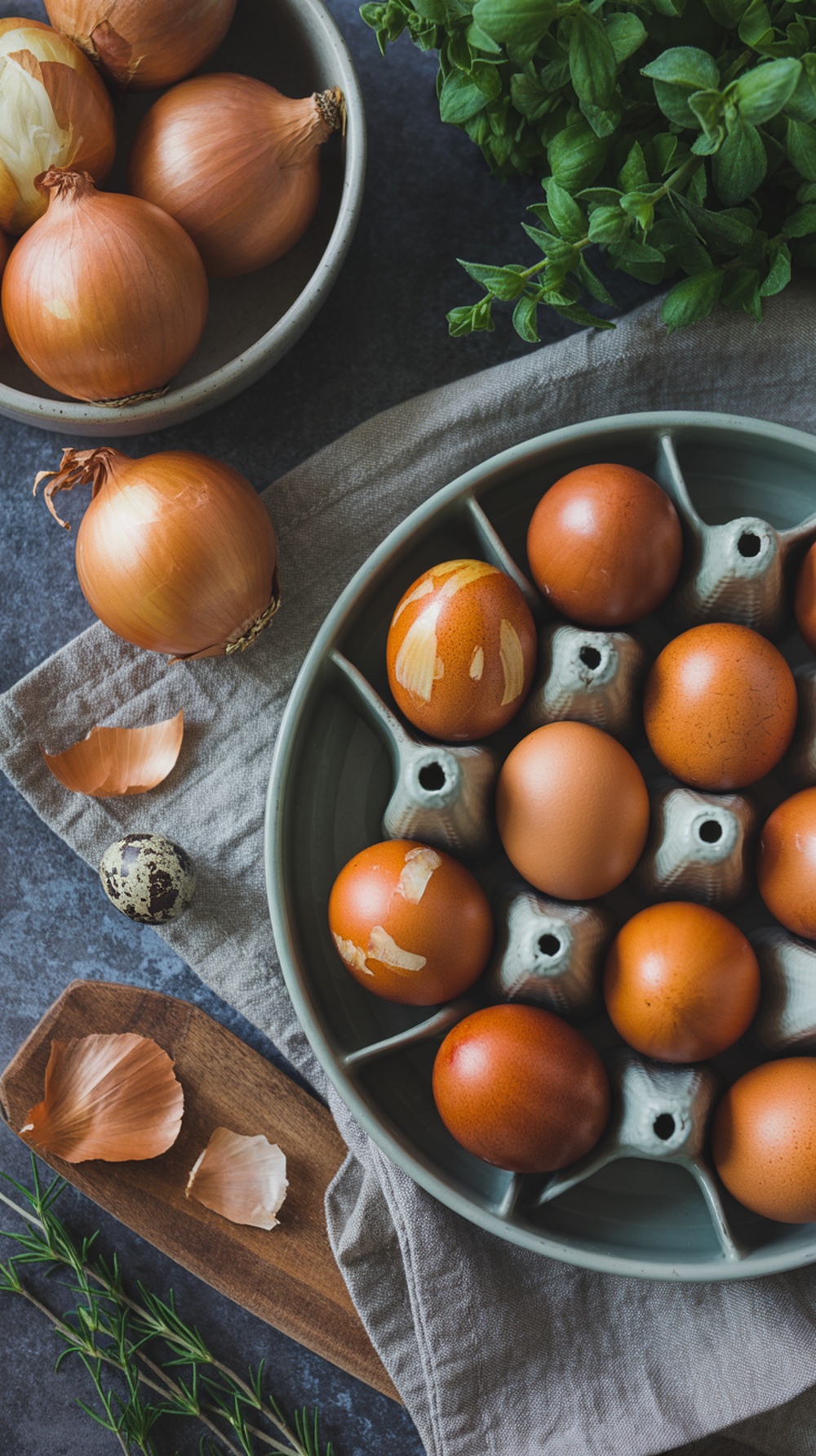 A collection of orange-dyed eggs made with onion skins, along with onions and herbs