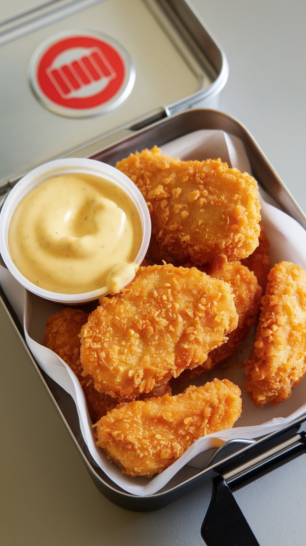 Oven-baked chicken nuggets in a lunch box with dipping sauce