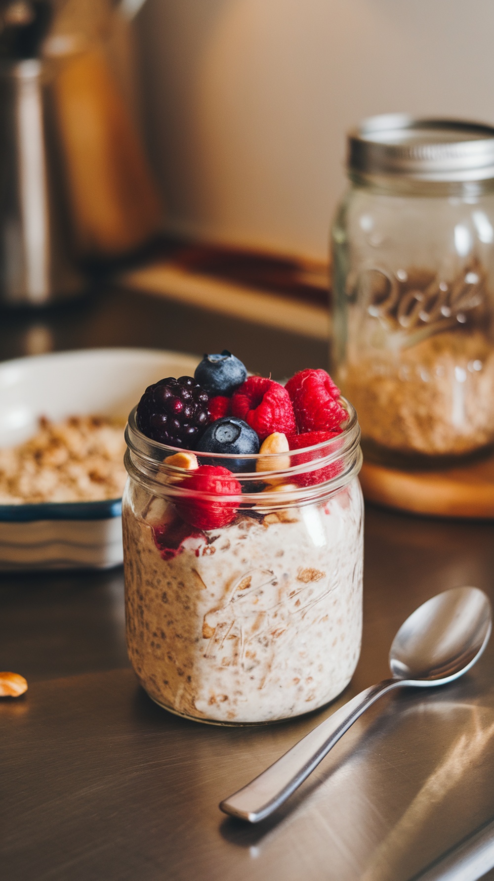 A jar of overnight oats topped with mixed berries on a kitchen counter.