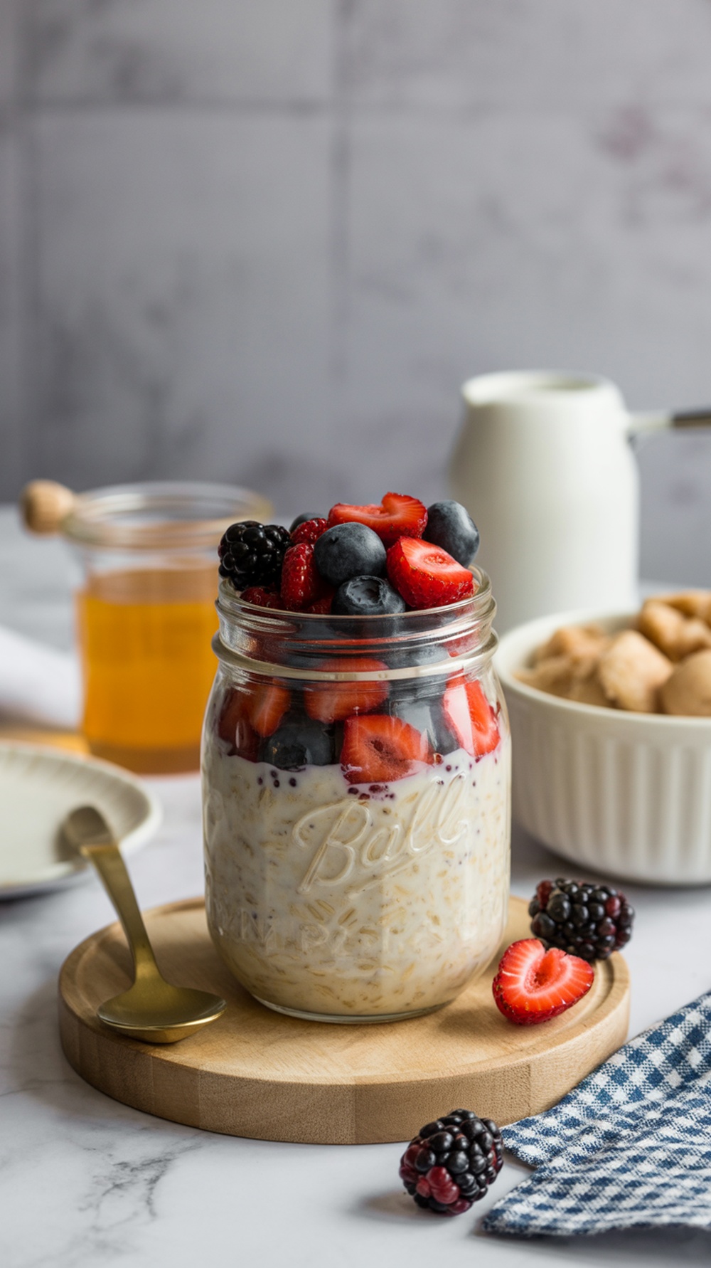 A jar of overnight oats topped with mixed berries on a wooden board.