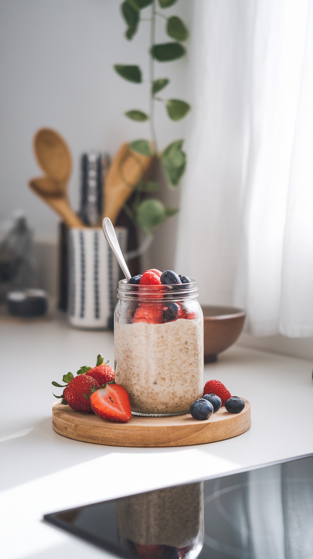 A jar of overnight oats topped with fresh strawberries and blueberries, placed on a wooden board.