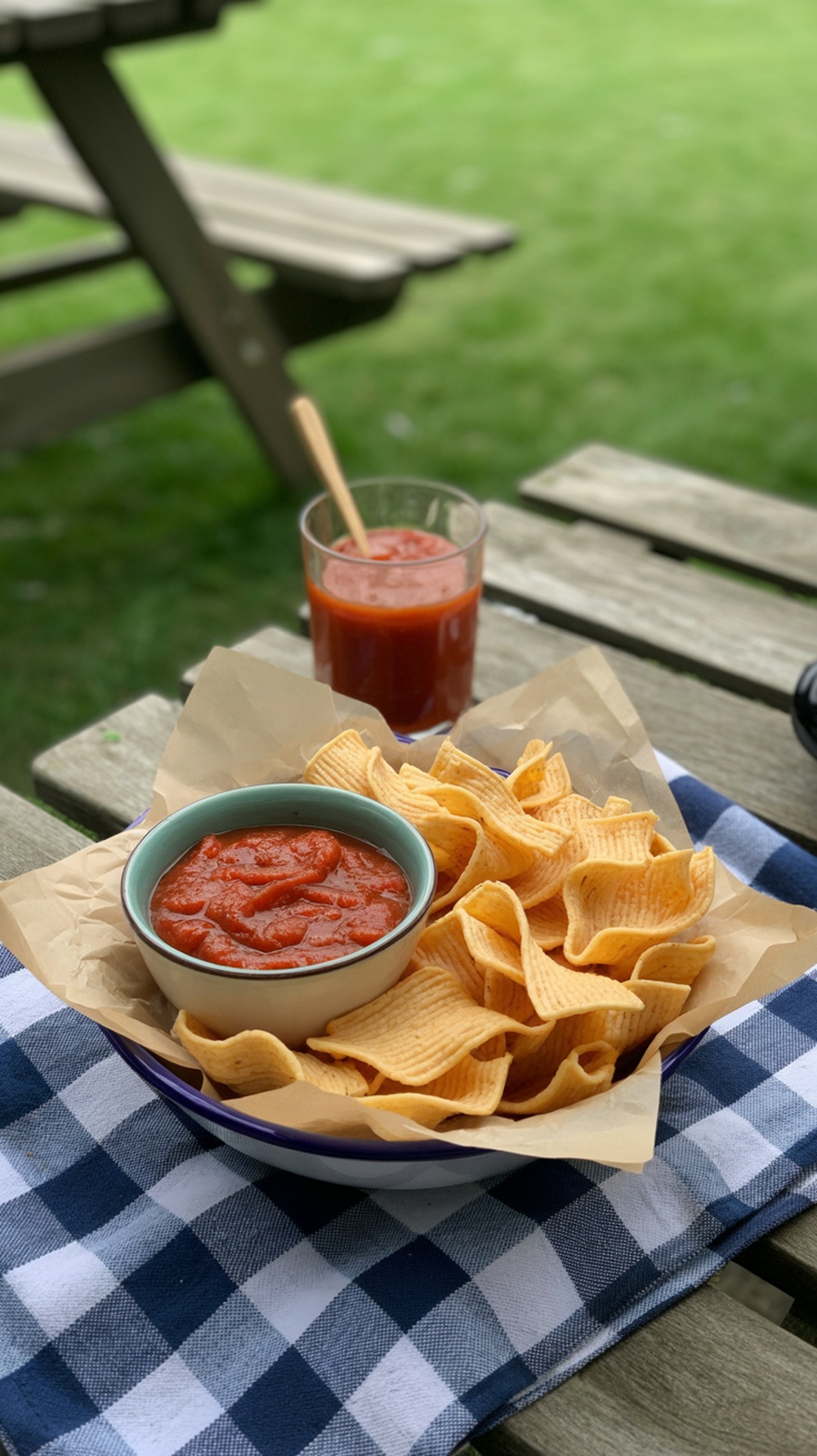 A bowl of crispy pasta chips served with marinara sauce