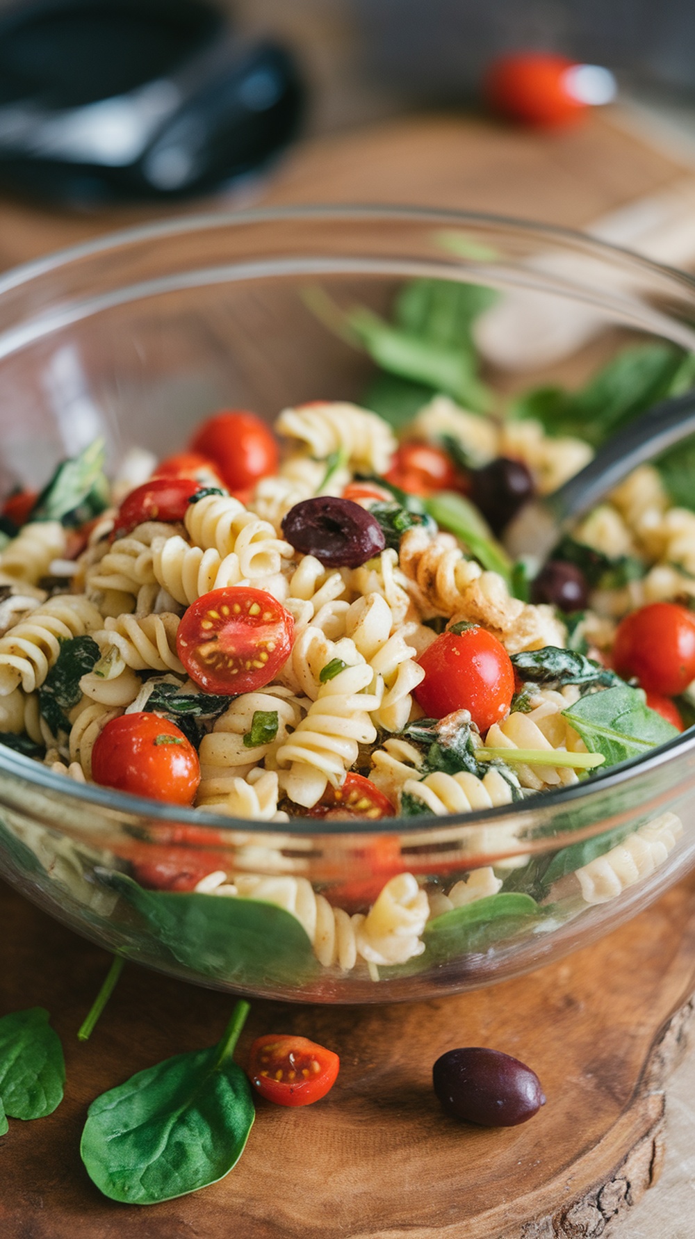 A colorful bowl of pasta salad with cherry tomatoes, spinach, and olives.