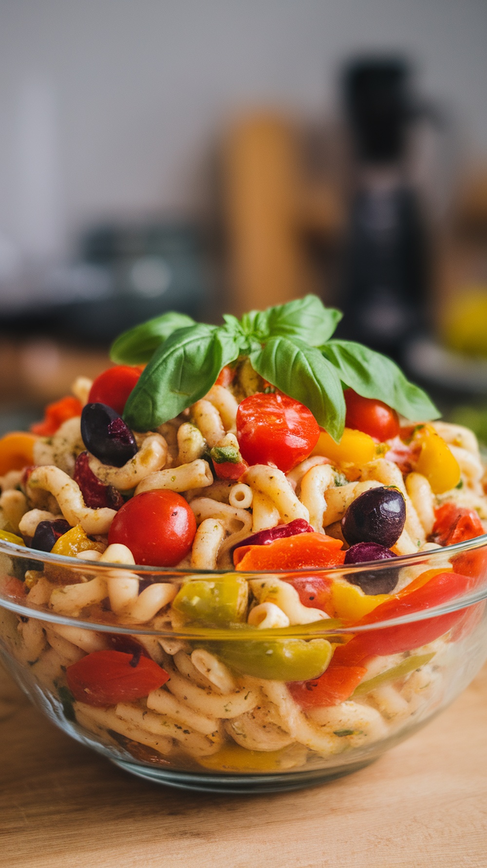A colorful bowl of pasta salad with cherry tomatoes and bell peppers.