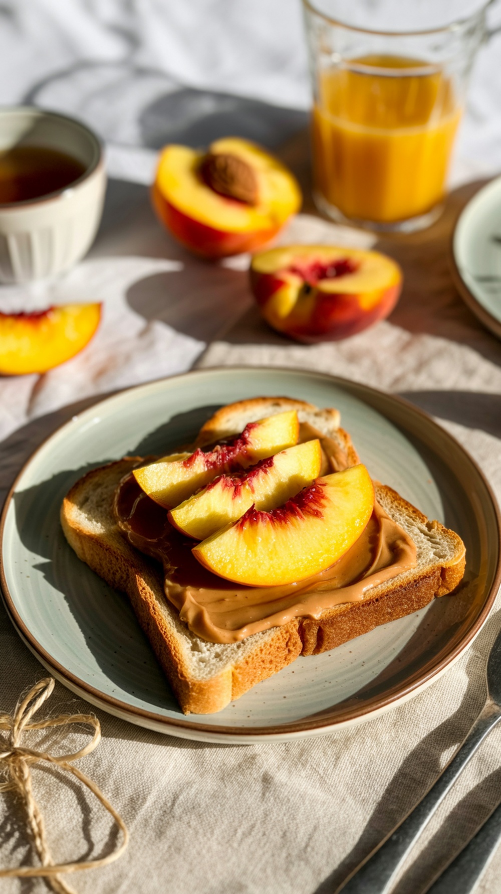 Peach and Almond Butter Toast with fresh peach slices on whole grain bread.