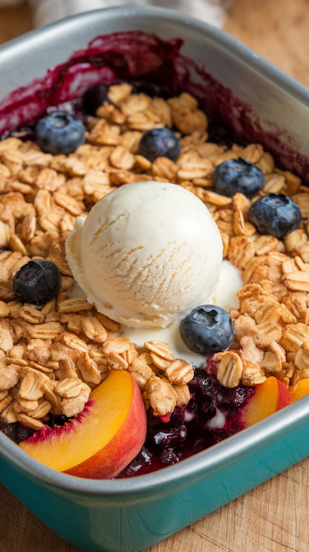 Peach and Blueberry Crisp topped with oat mixture and ice cream.