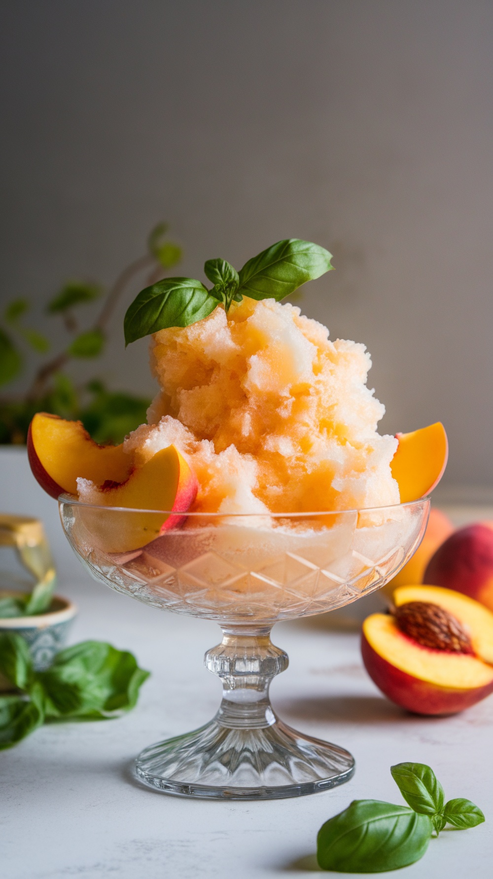 A bowl of peach basil granita garnished with fresh basil leaves and peach slices.