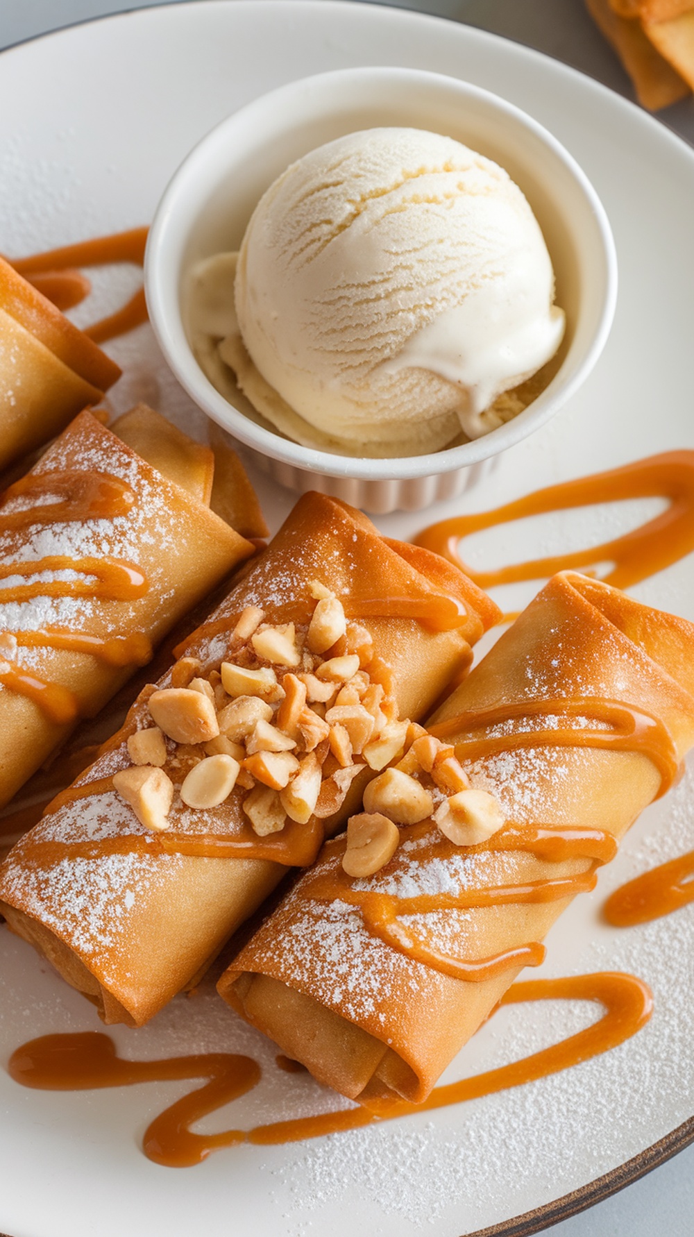 Peach cobbler egg rolls with ice cream and caramel drizzle