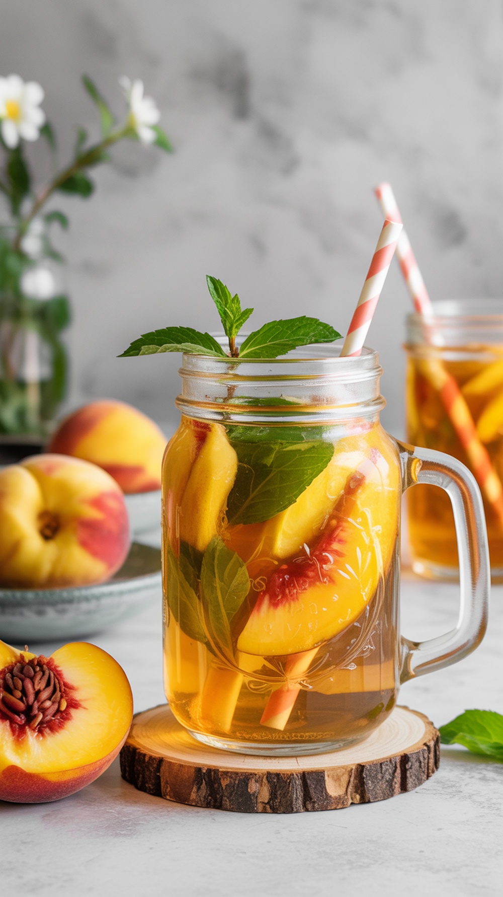 A refreshing jar of peach iced green tea with mint leaves and peach slices.