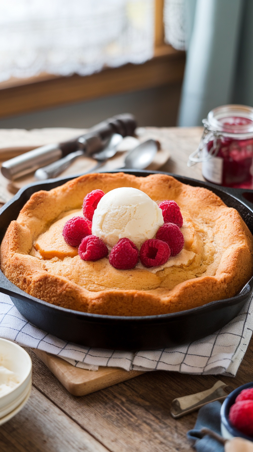 Peach Melba dump cake with raspberries and ice cream on top