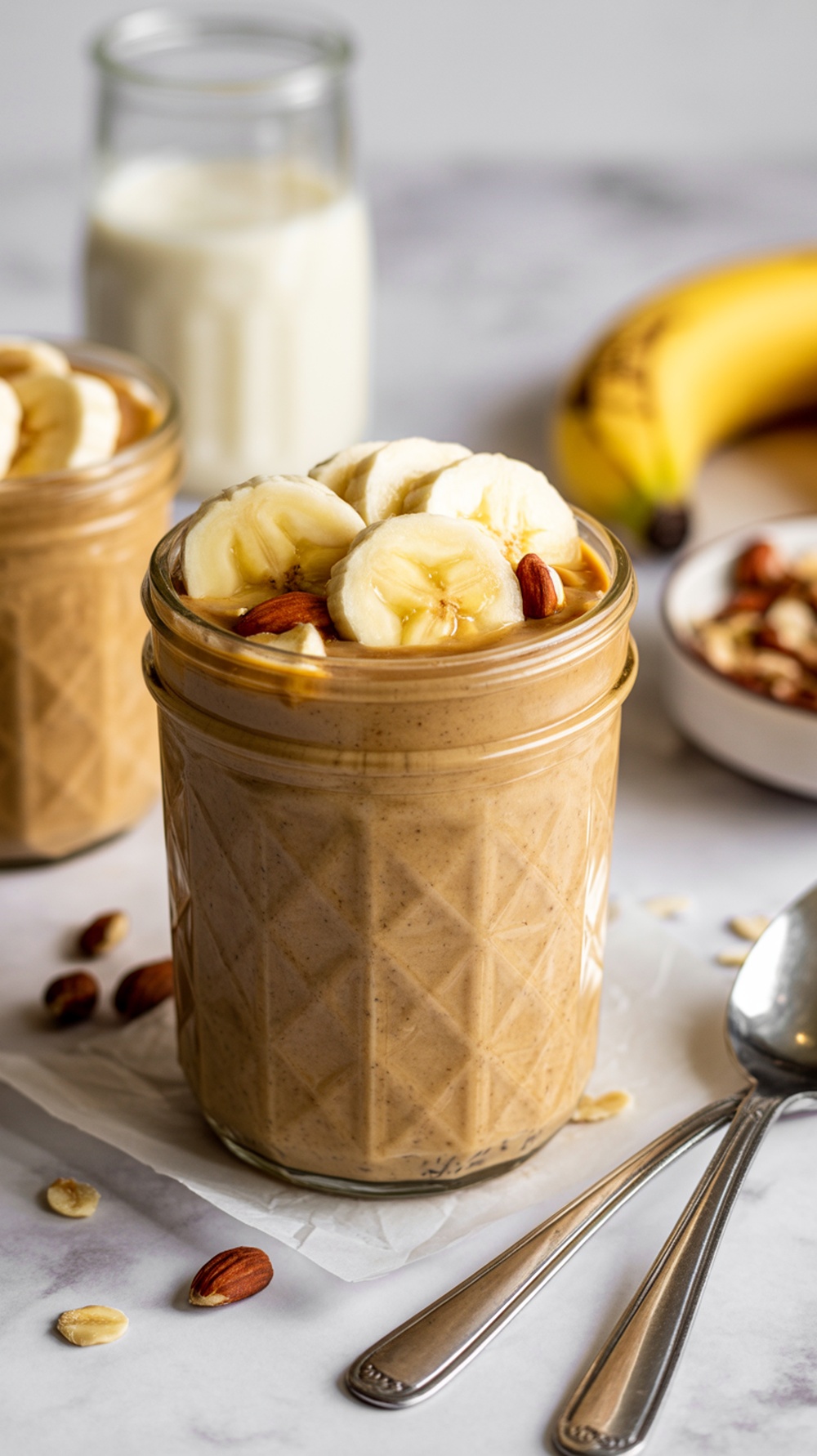 A jar of peanut butter and banana overnight oats topped with banana slices and almonds.