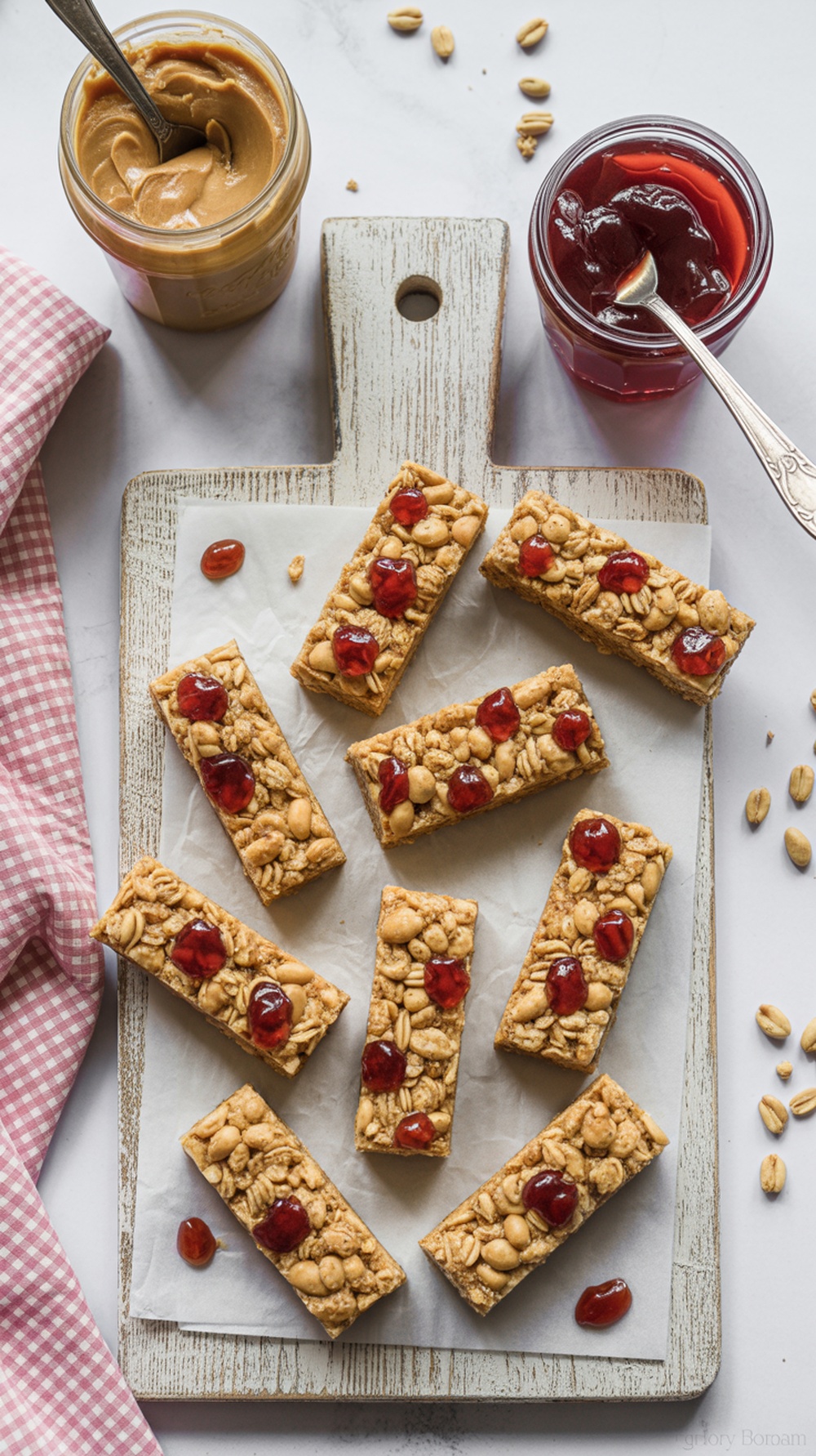 Peanut butter and jelly granola bars on a wooden cutting board with peanut butter and jelly jars in the background.