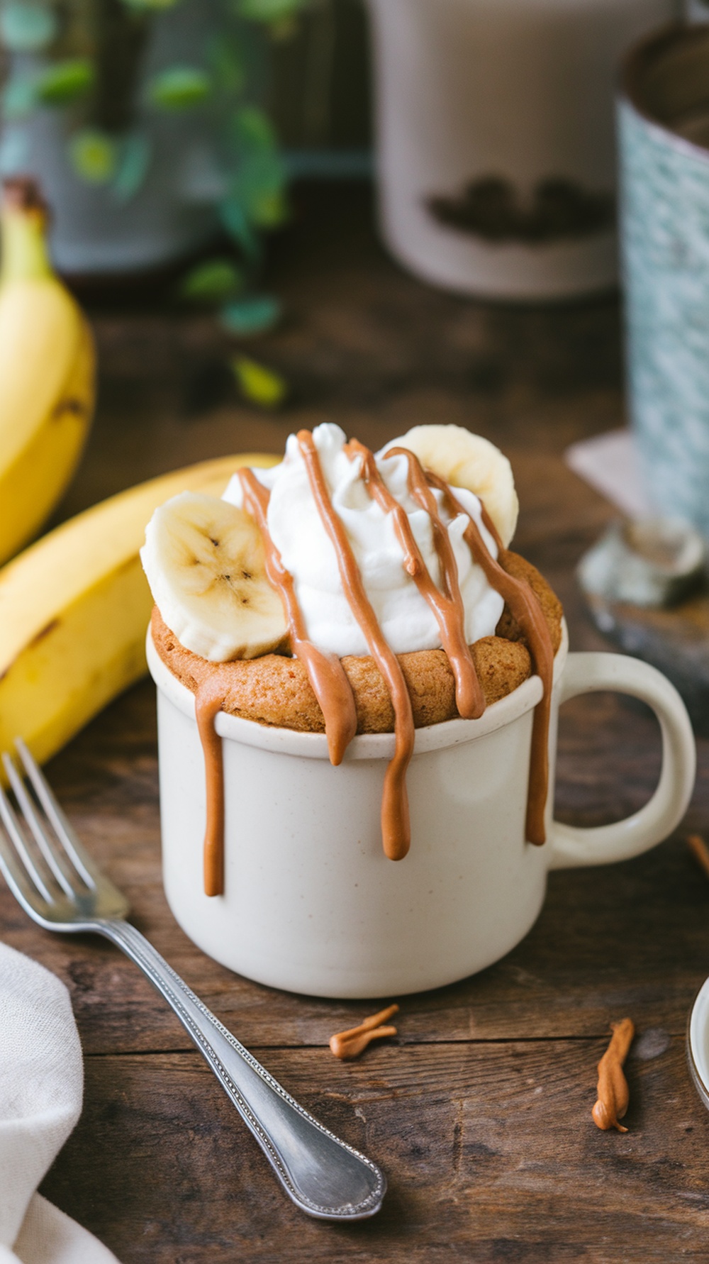 A delicious peanut butter banana mug cake topped with whipped cream and banana slices.