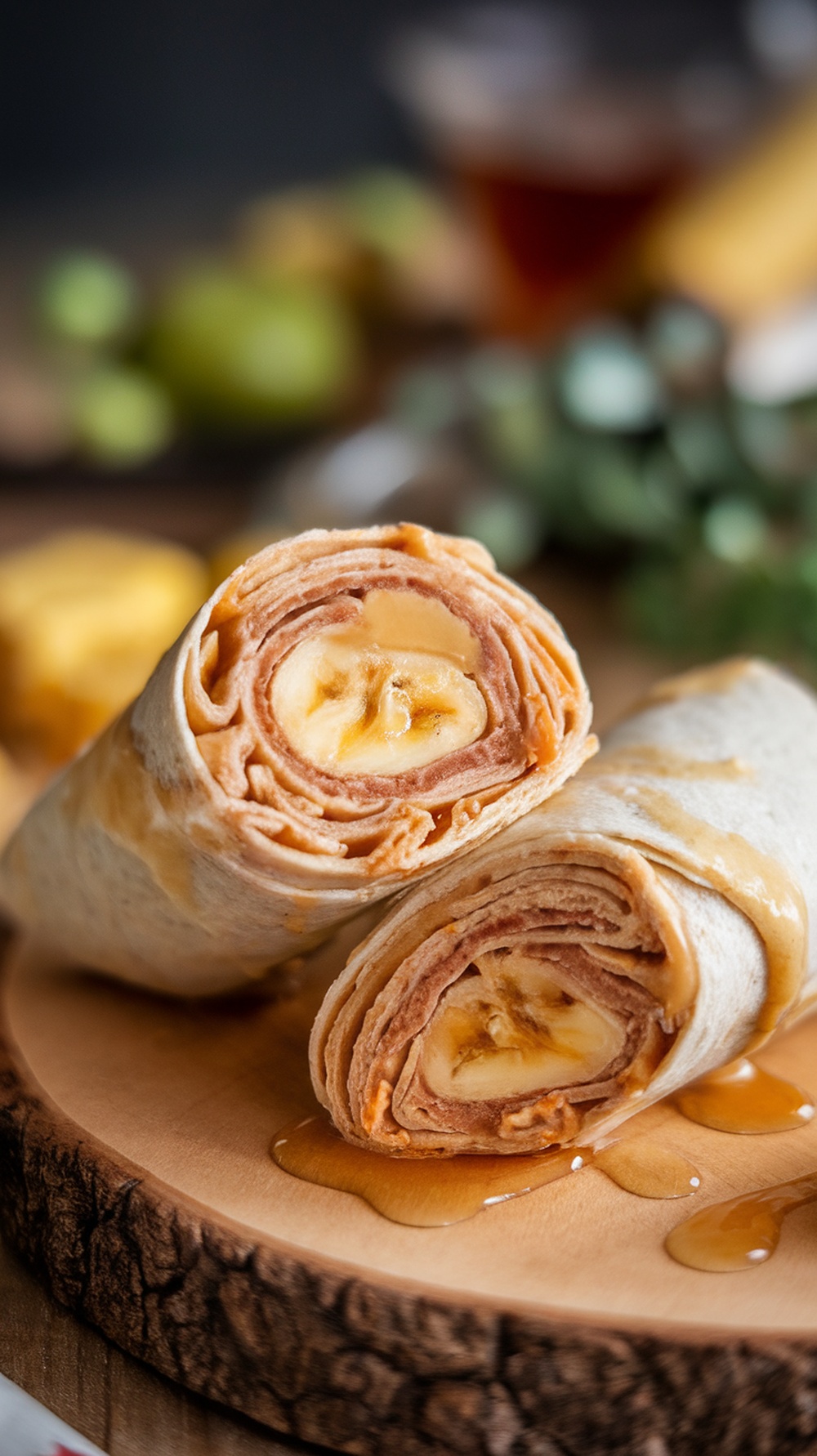 Peanut butter banana wraps sliced and arranged on a wooden board.