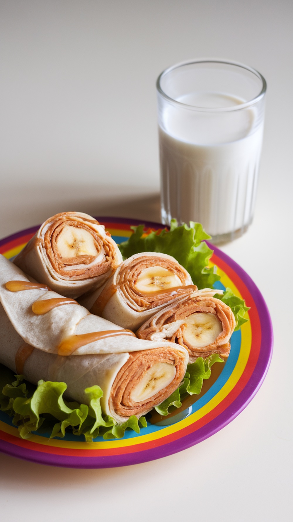 Peanut butter banana wraps on a colorful plate with a glass of milk