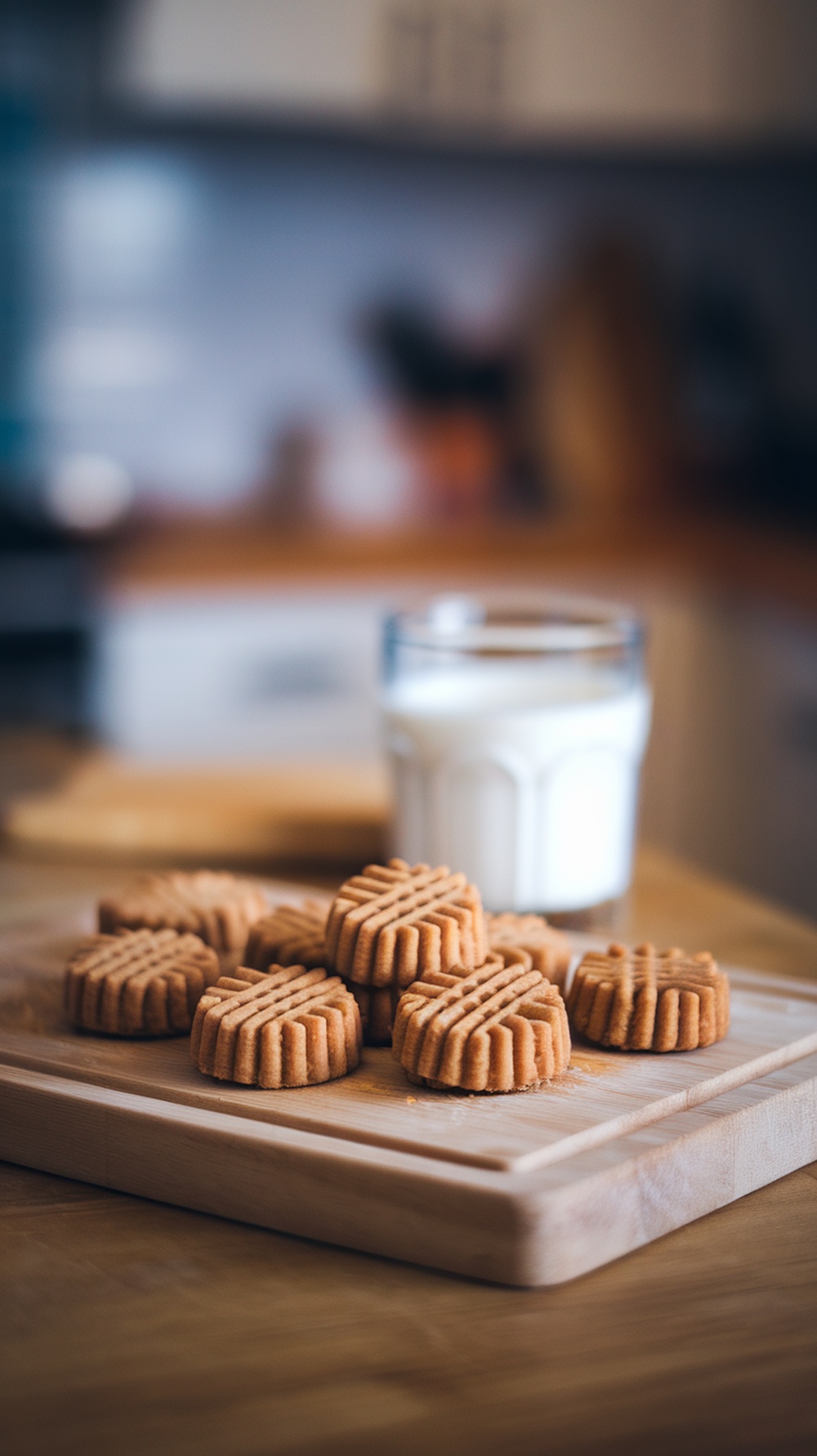 Peanut butter cookie bites on a wooden board with a glass of milk
