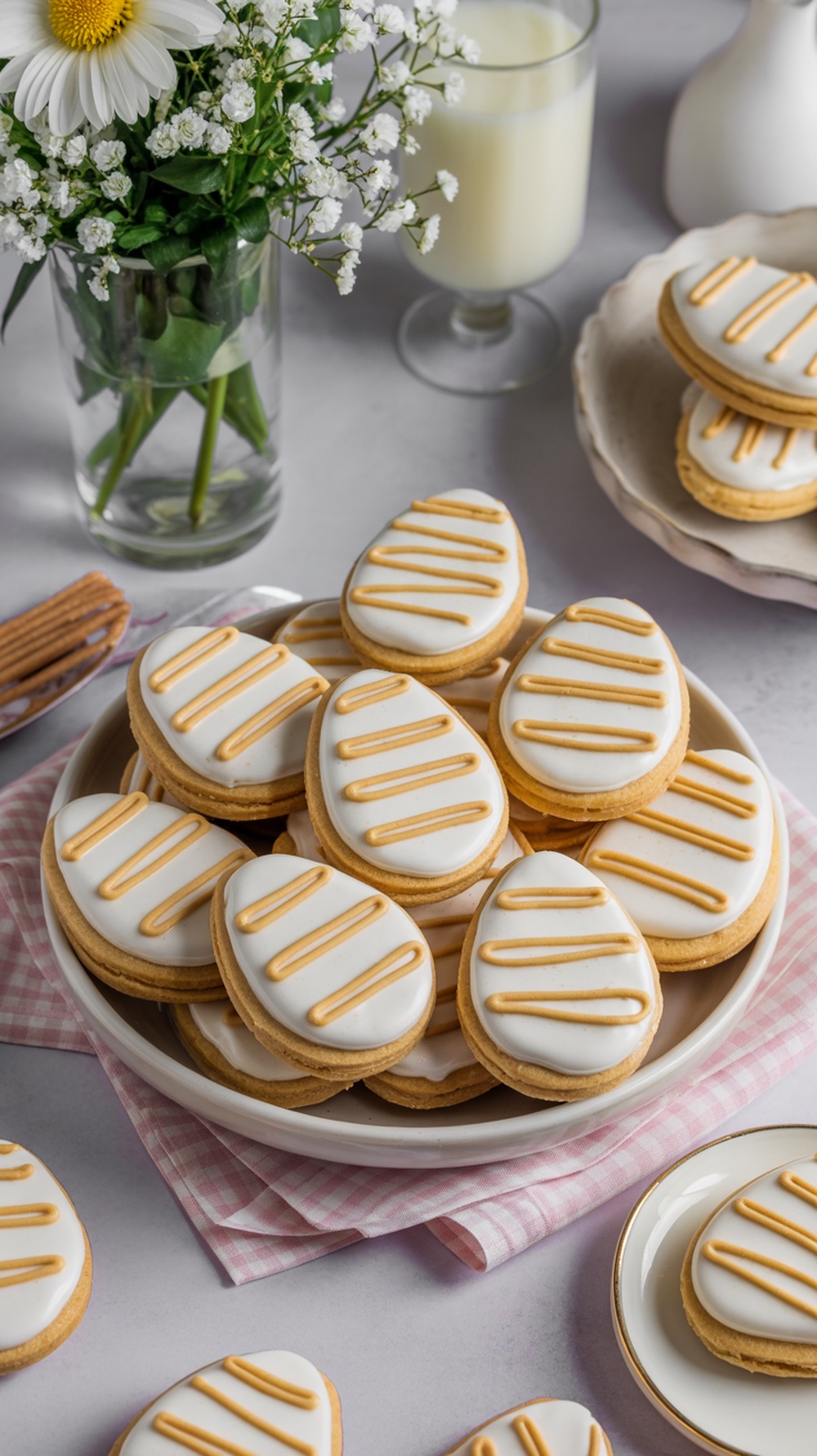 A plate of beautifully decorated Peanut Butter Easter Egg Cookies with white icing and golden drizzle.