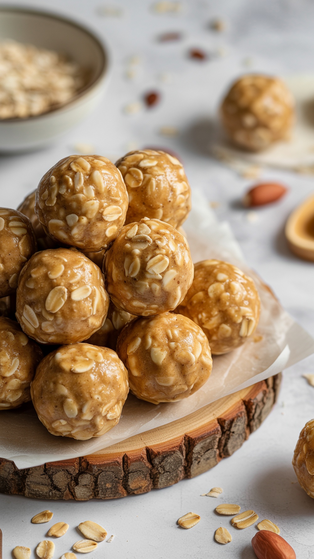 Delicious peanut butter oatmeal energy balls stacked on a wooden surface.