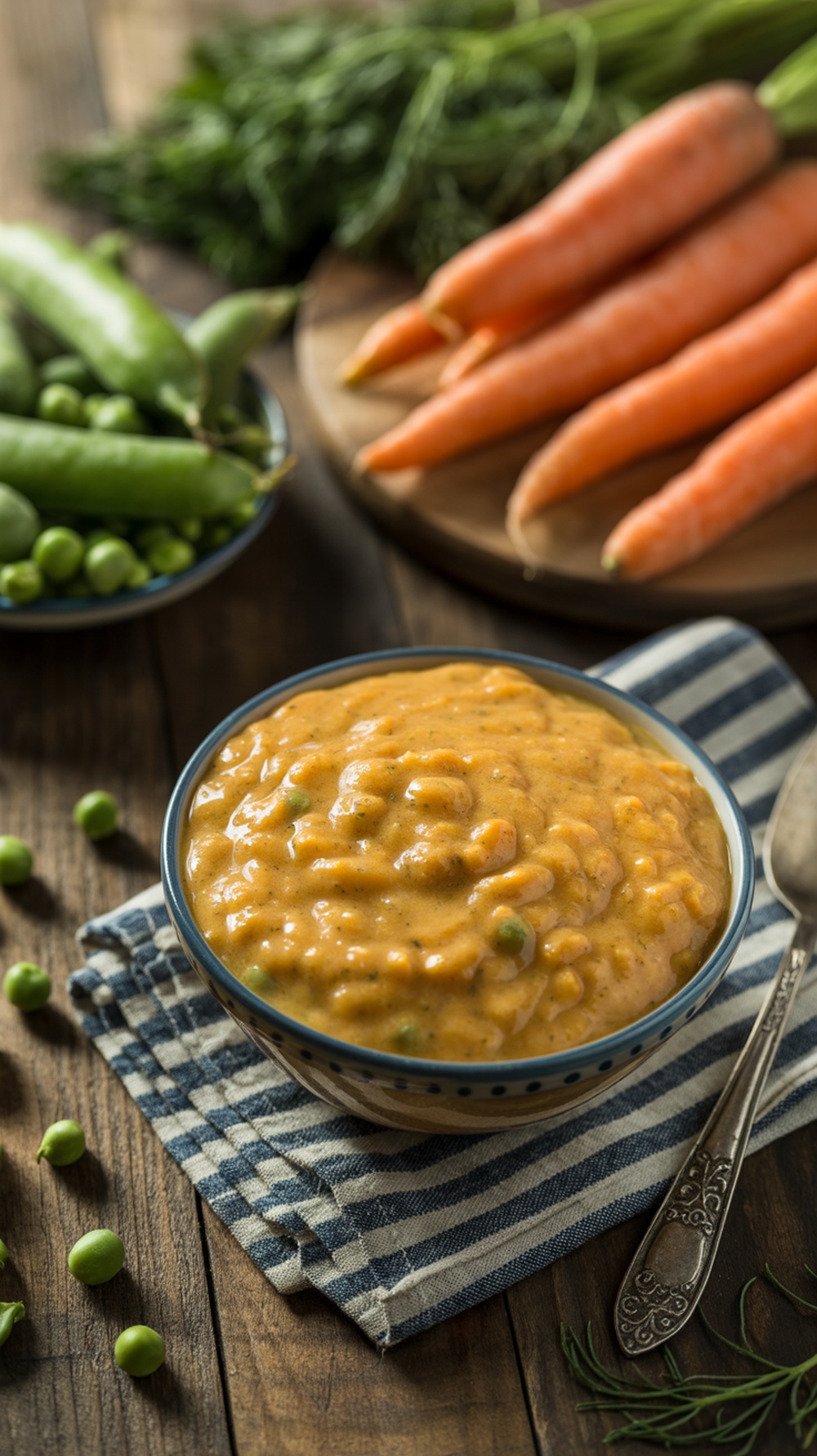 A bowl of peas and carrots medley baby food, surrounded by fresh peas and carrots.