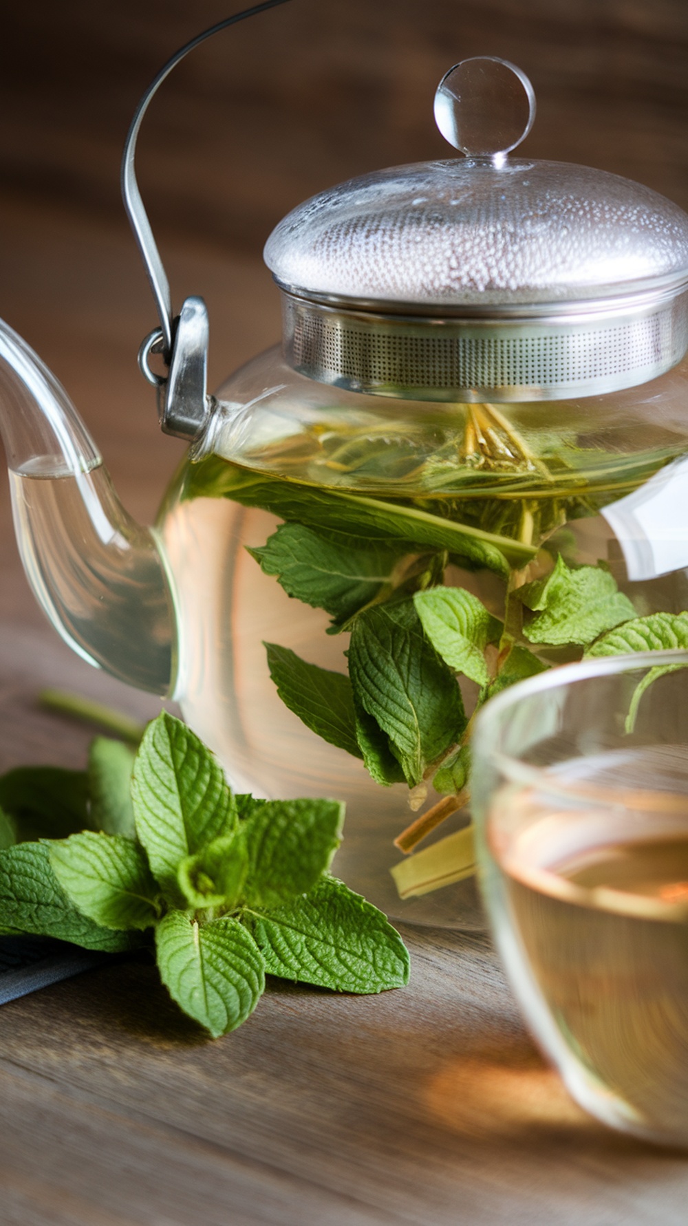 A glass teapot filled with peppermint herbal infusion and fresh mint leaves.