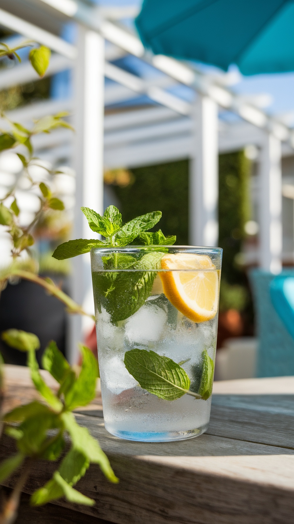 A glass of peppermint infused water with lemon slices and mint leaves