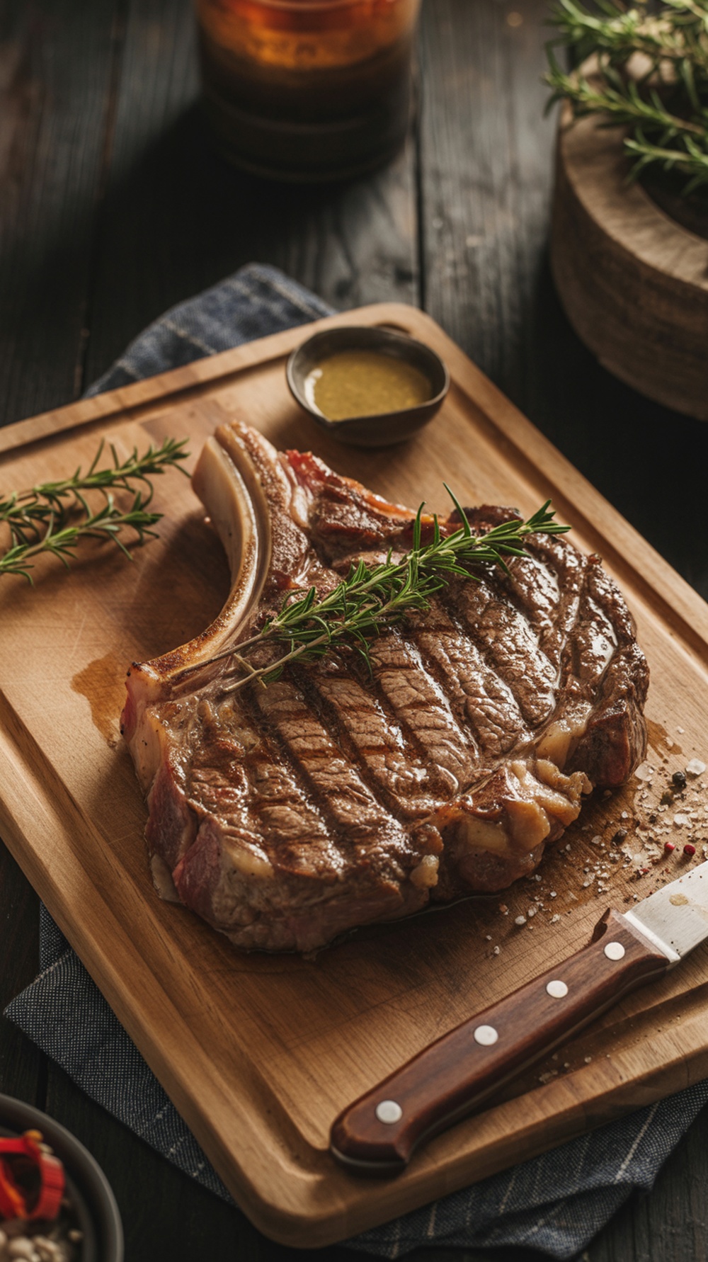Grilled ribeye steak on a wooden board with herbs
