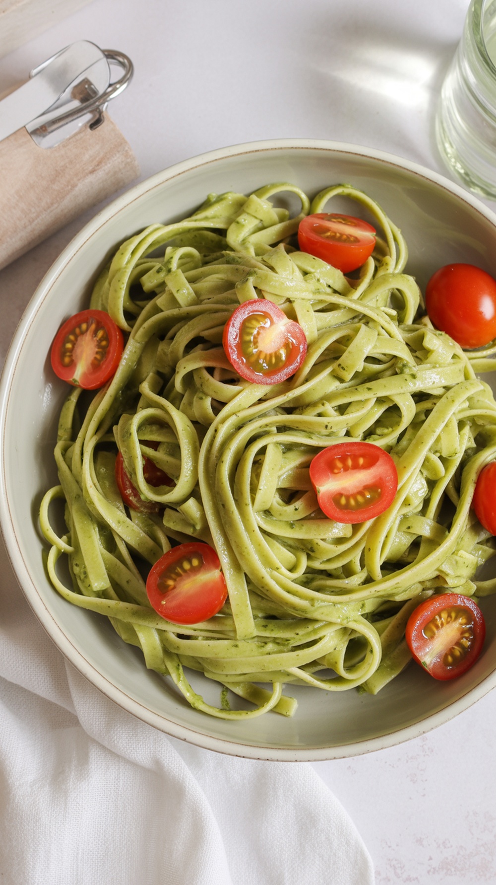 A bowl of pesto linguine topped with cherry tomatoes.