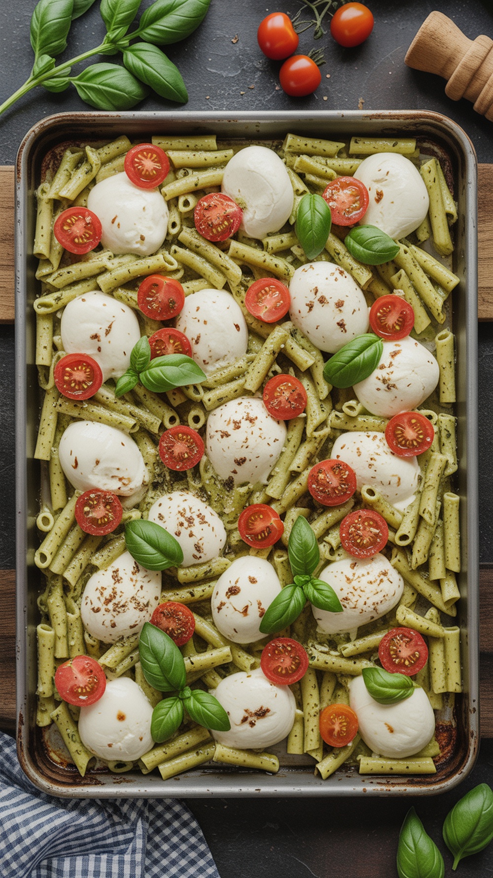 A delicious pesto pasta bake with cherry tomatoes and mozzarella on a sheet pan.