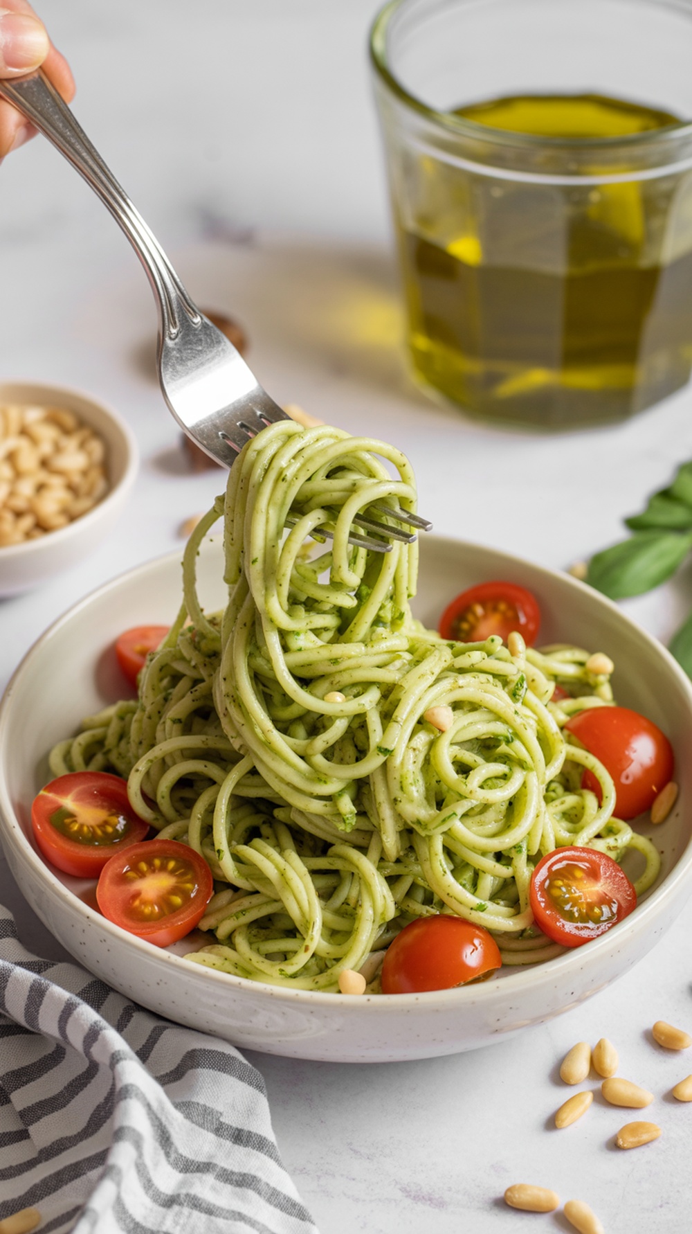 A bowl of pesto zoodles topped with cherry tomatoes and pine nuts.