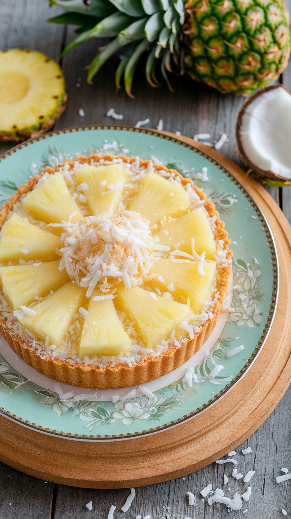 Pineapple and coconut tart on a decorative plate.