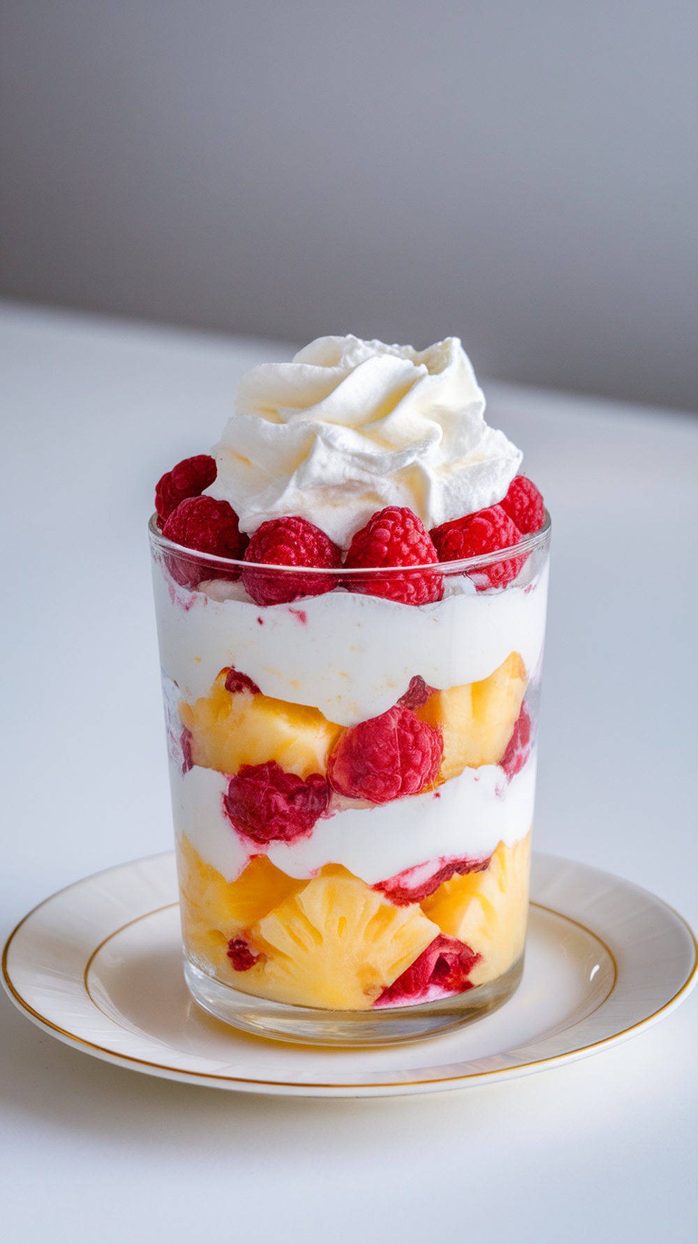 A delicious Pineapple and Raspberry Parfait in a glass with layers of fruit and cream.