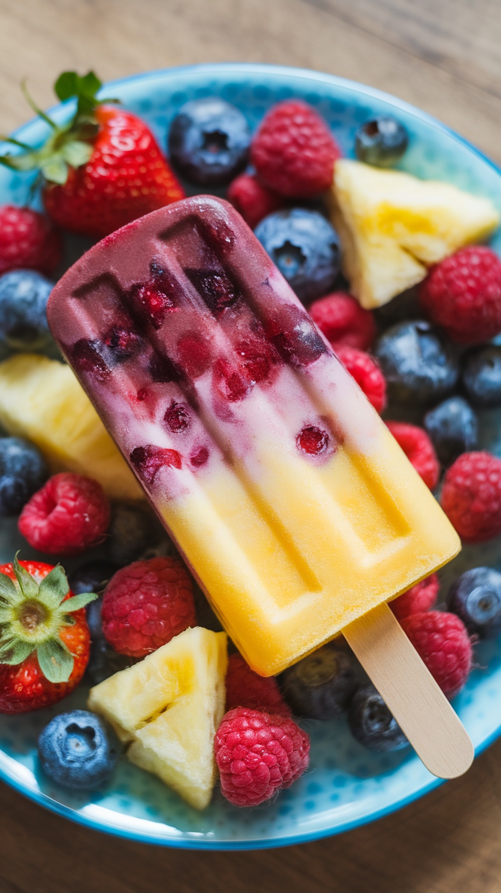 A colorful pineapple berry popsicle surrounded by fresh fruits