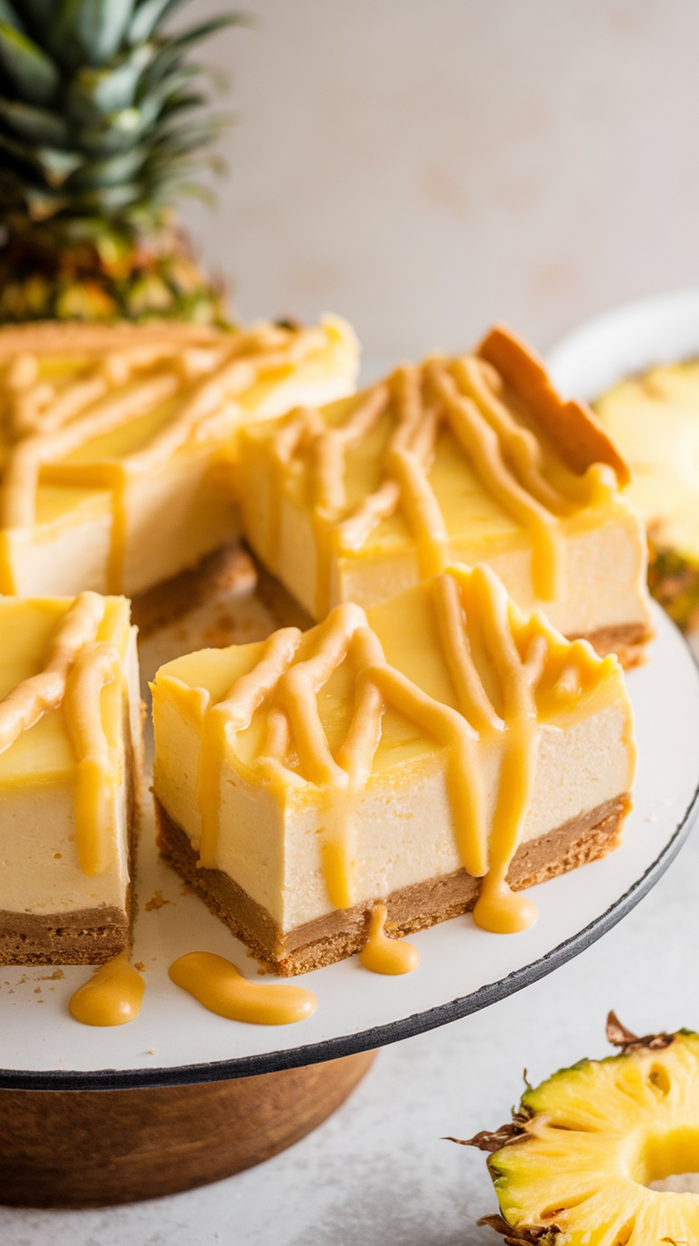 Delicious pineapple cheesecake bars on a plate with caramel drizzle.