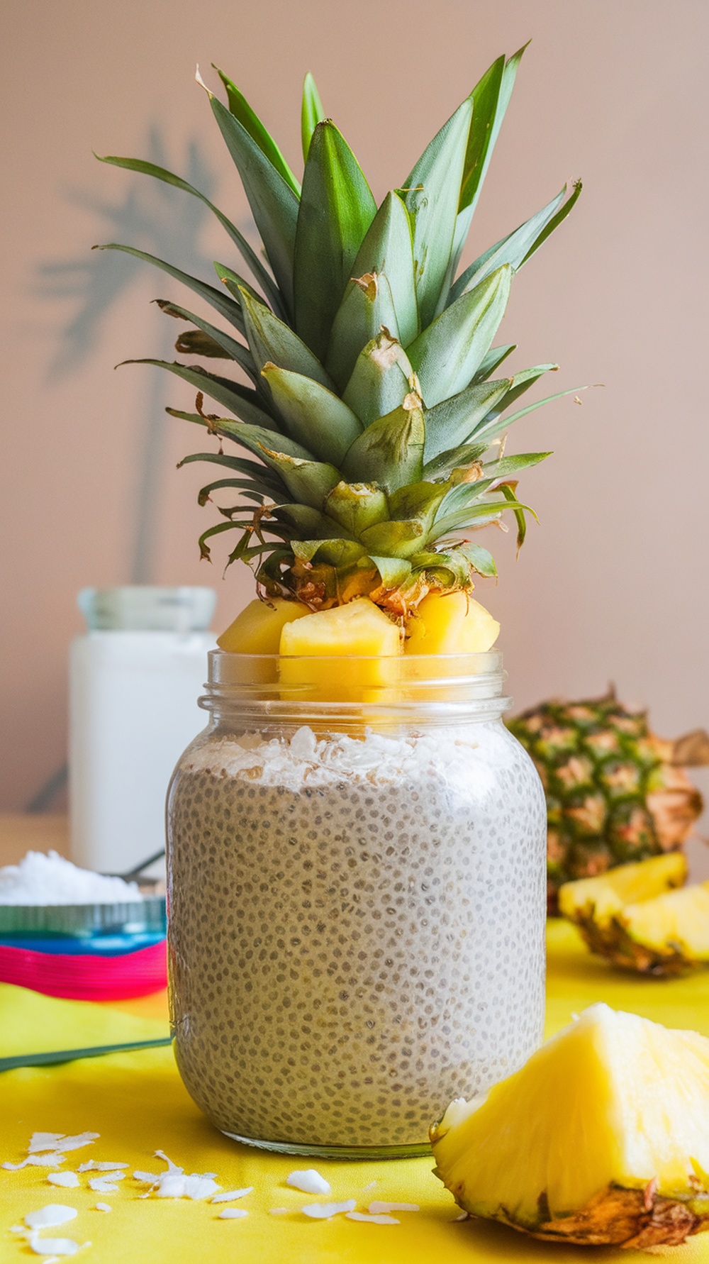 Pineapple chia seed pudding in a jar with fresh pineapple on top
