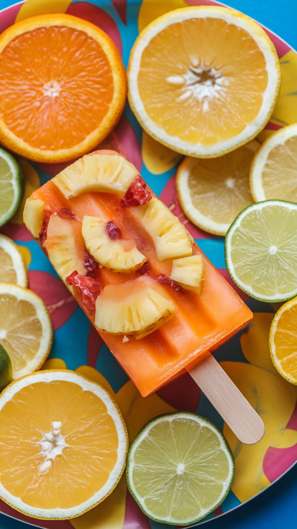 Pineapple citrus popsicle surrounded by colorful citrus fruits.