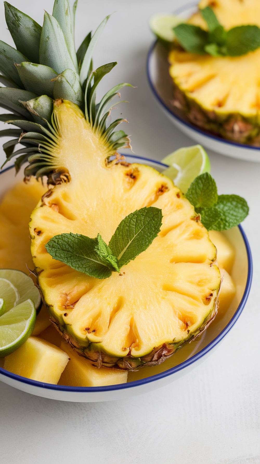 A vibrant fruit salad featuring fresh pineapple, lime slices, and mint leaves.