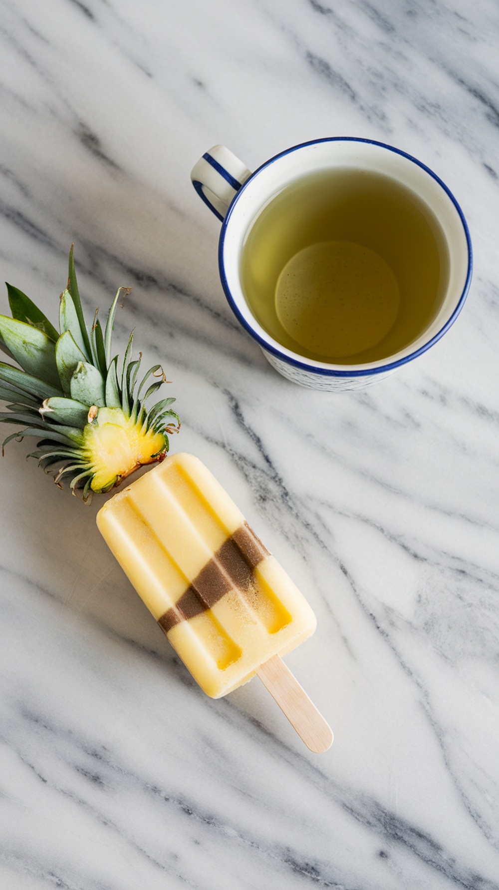Pineapple green tea popsicle with a cup of green tea