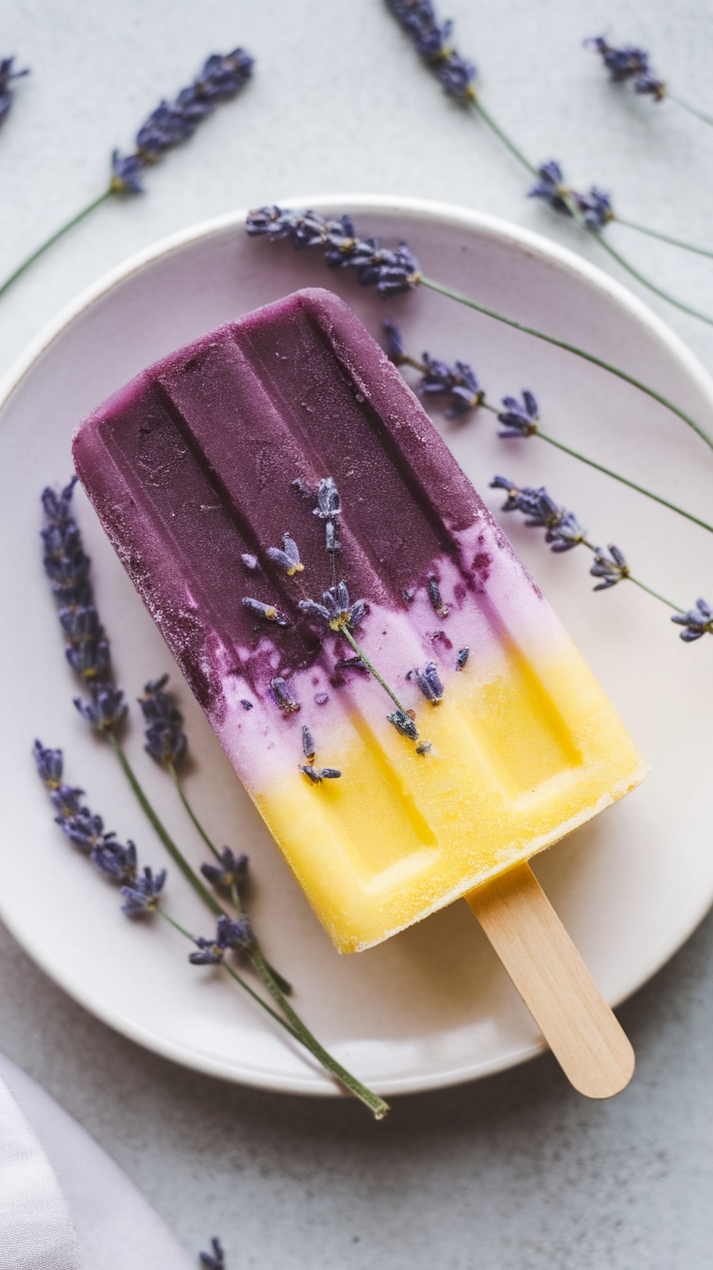 Pineapple lavender infused popsicle on a plate with lavender sprigs