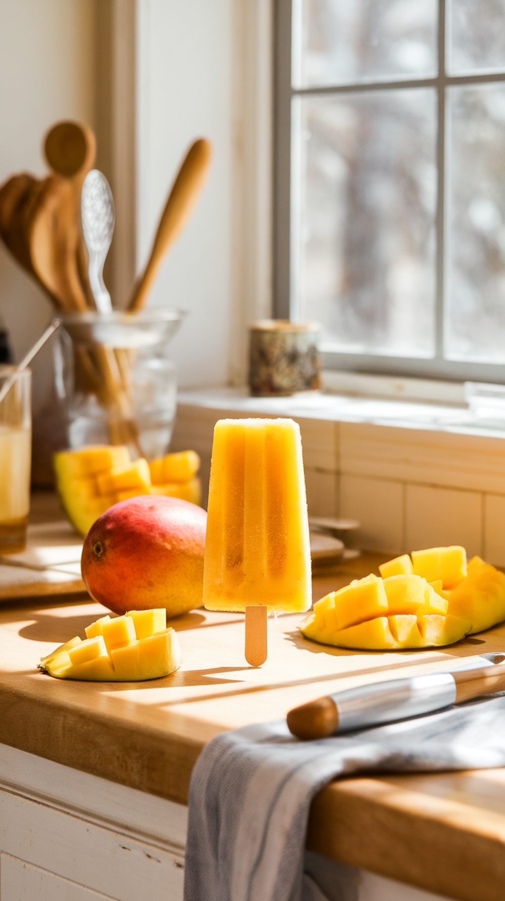 Delicious homemade pineapple mango popsicle on a wooden table with fresh fruit.