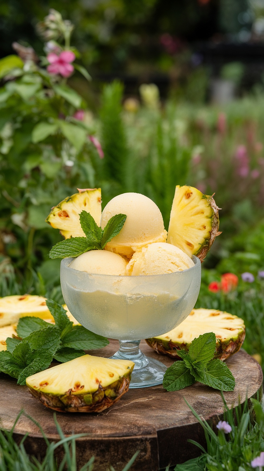 A bowl of pineapple sorbet garnished with mint leaves and surrounded by fresh pineapple slices.