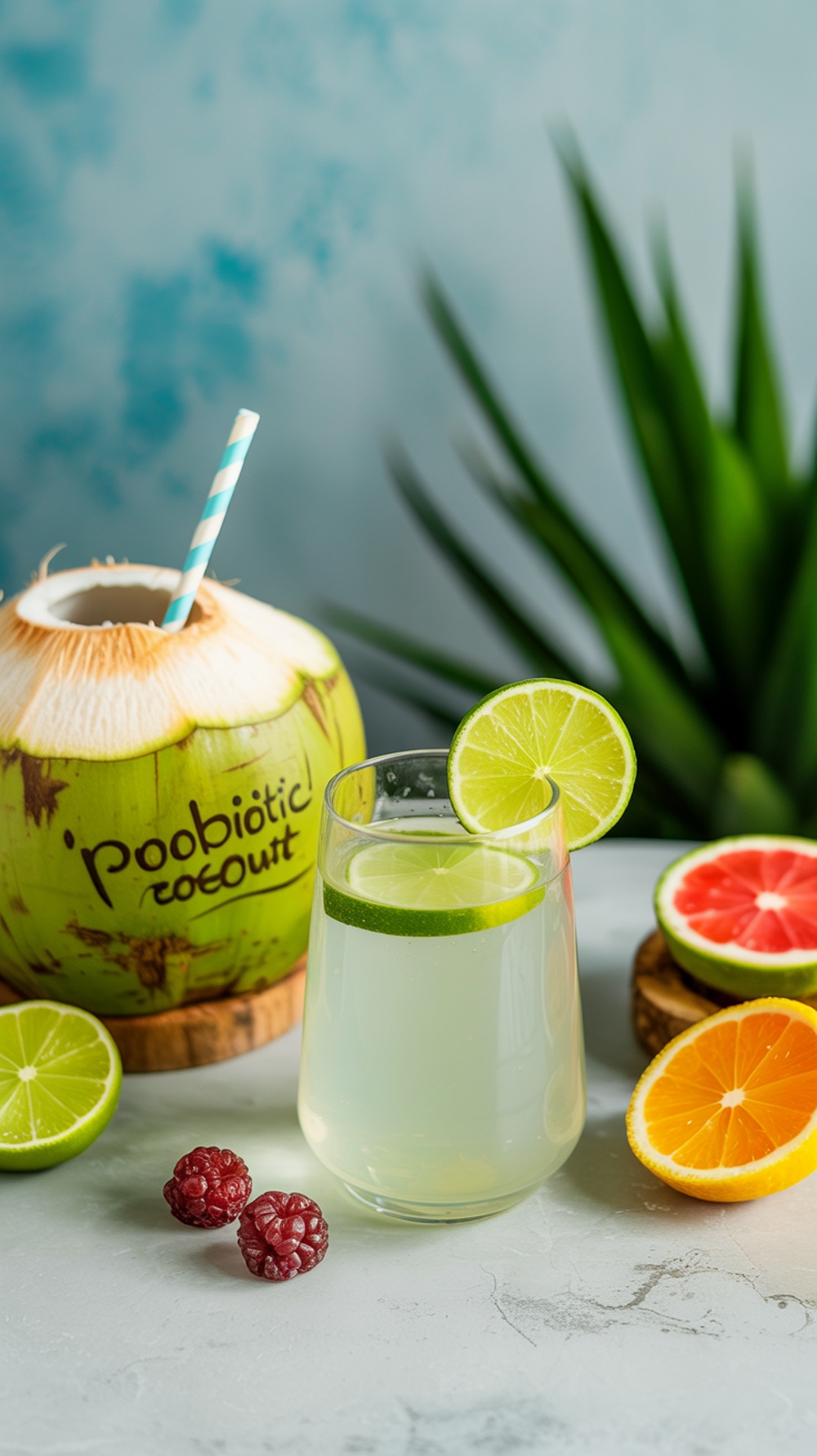 A refreshing glass of probiotic coconut water with lime and fresh fruit.