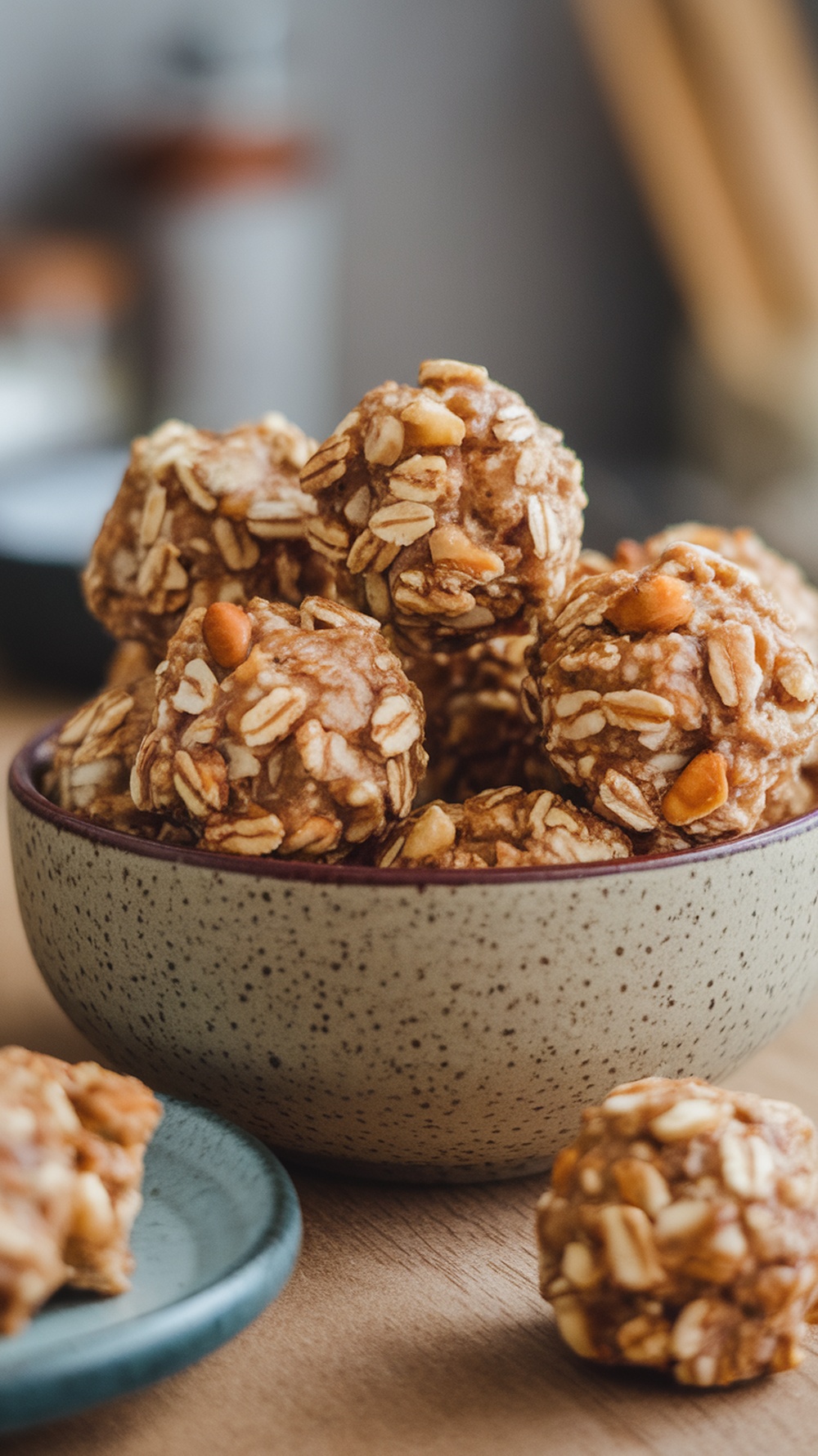 A bowl of protein-packed energy bites made with oats and nuts.