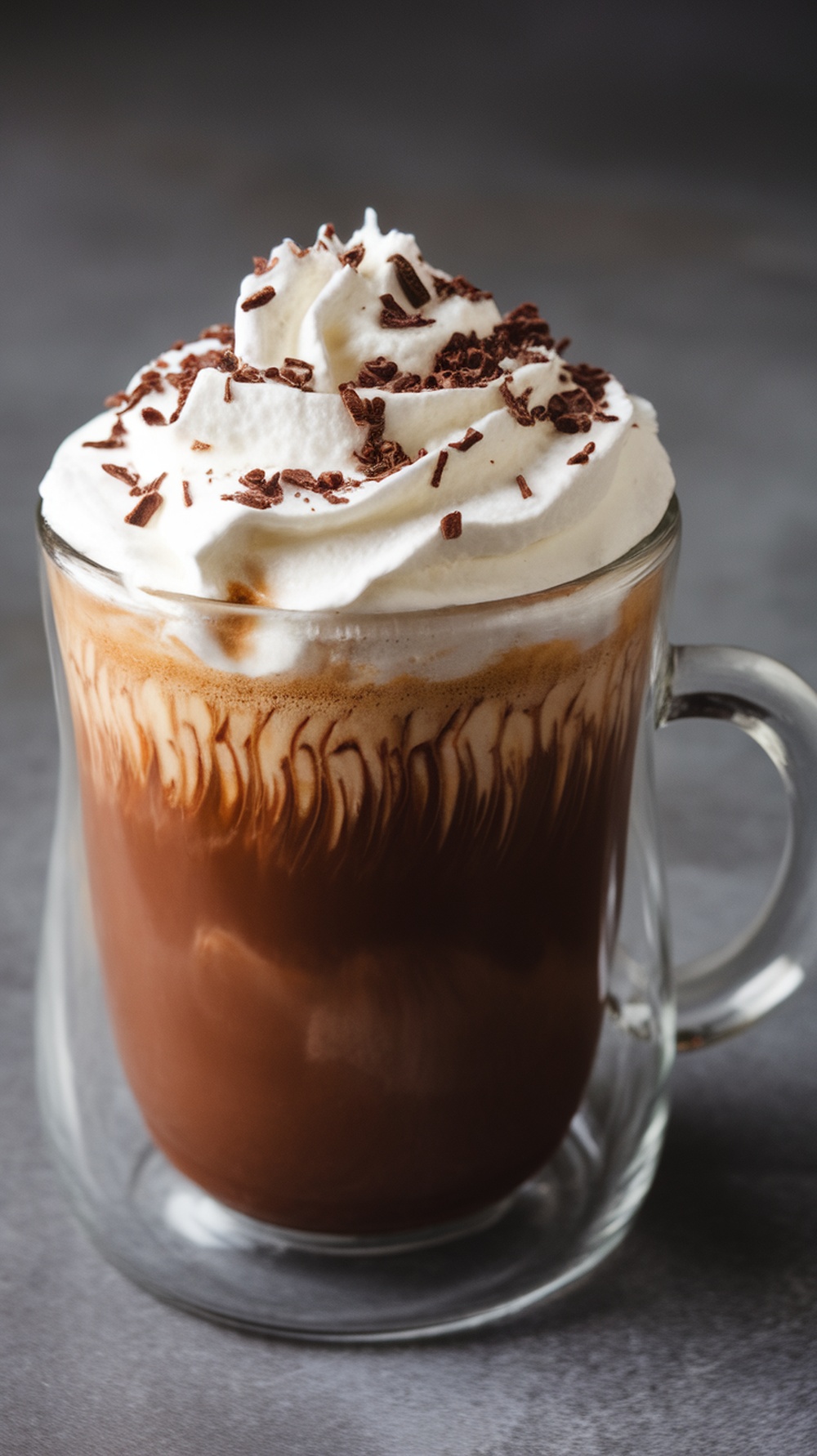 A glass of rich mocha topped with whipped cream and chocolate shavings.