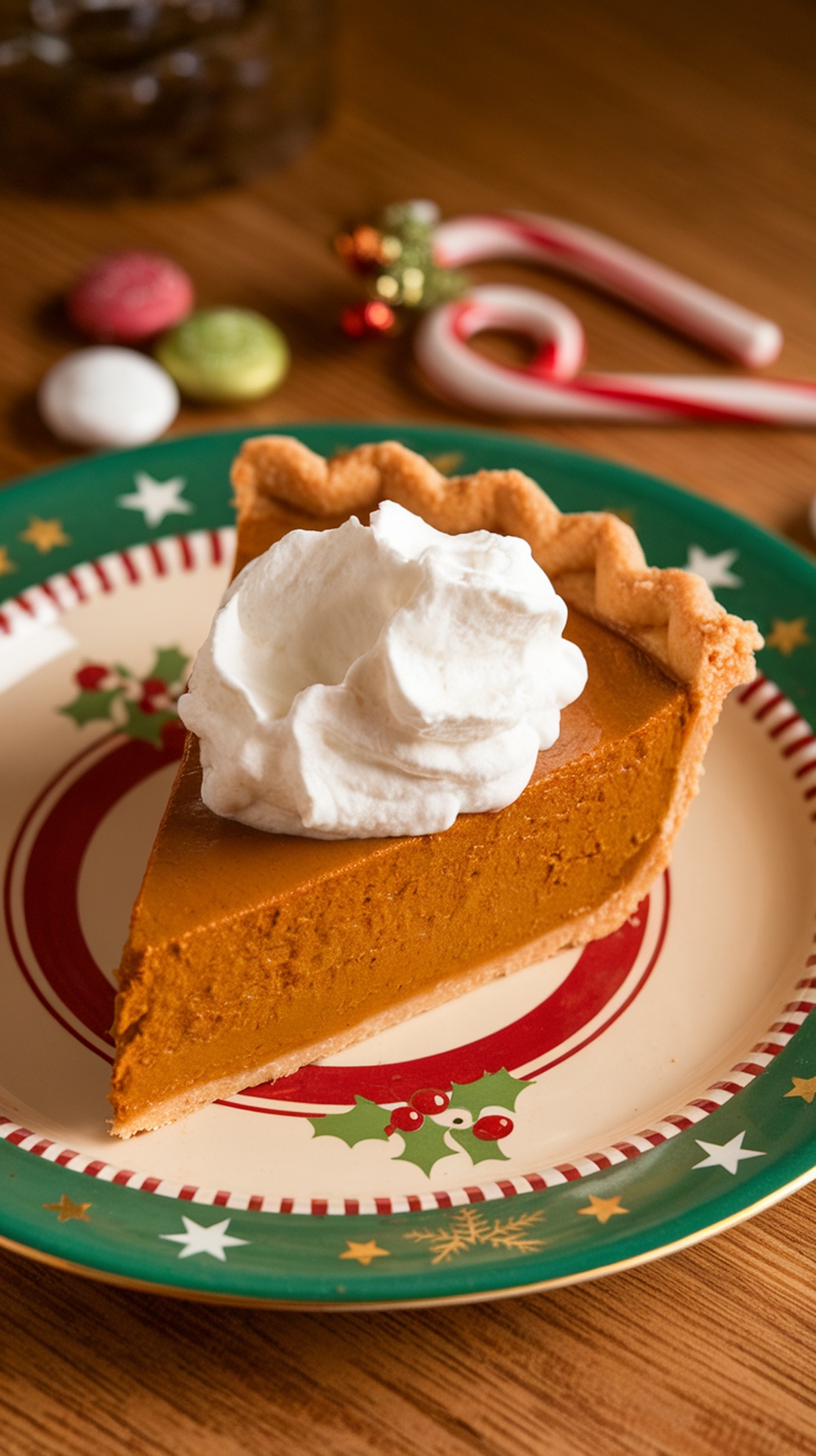 A slice of pumpkin pie topped with whipped cream on a festive plate.
