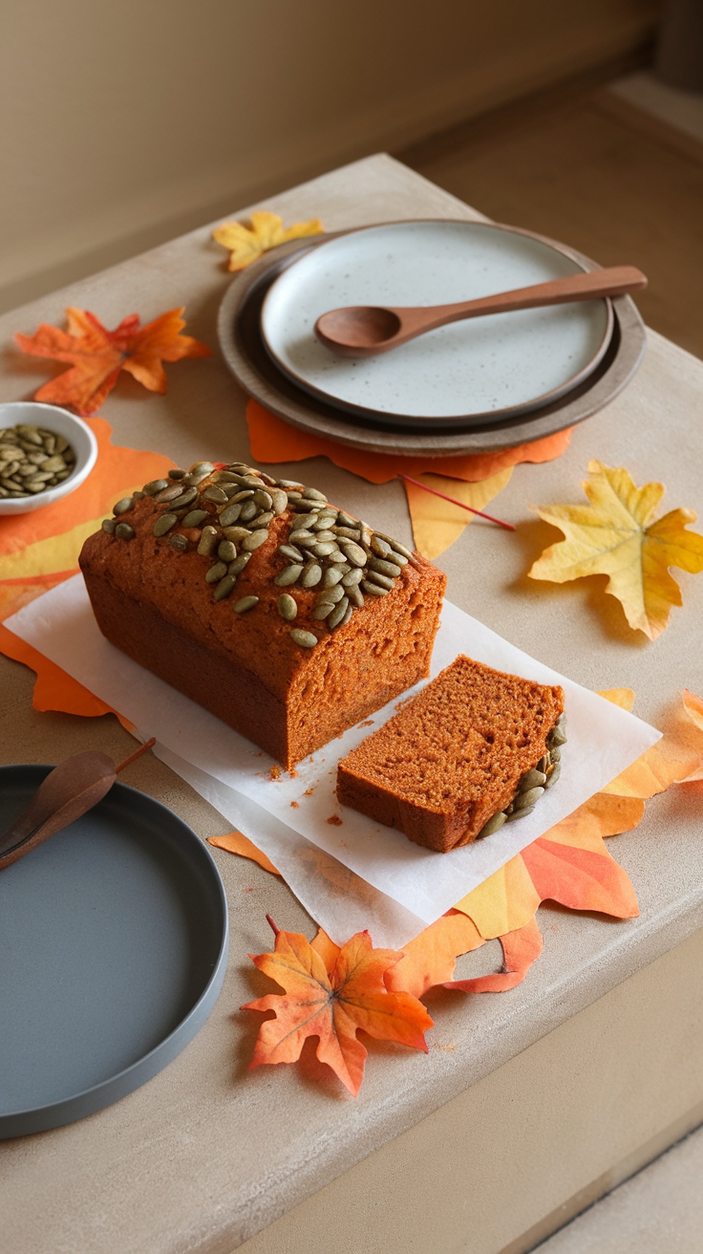 A loaf of pumpkin spice bread topped with pumpkin seeds, surrounded by autumn leaves.