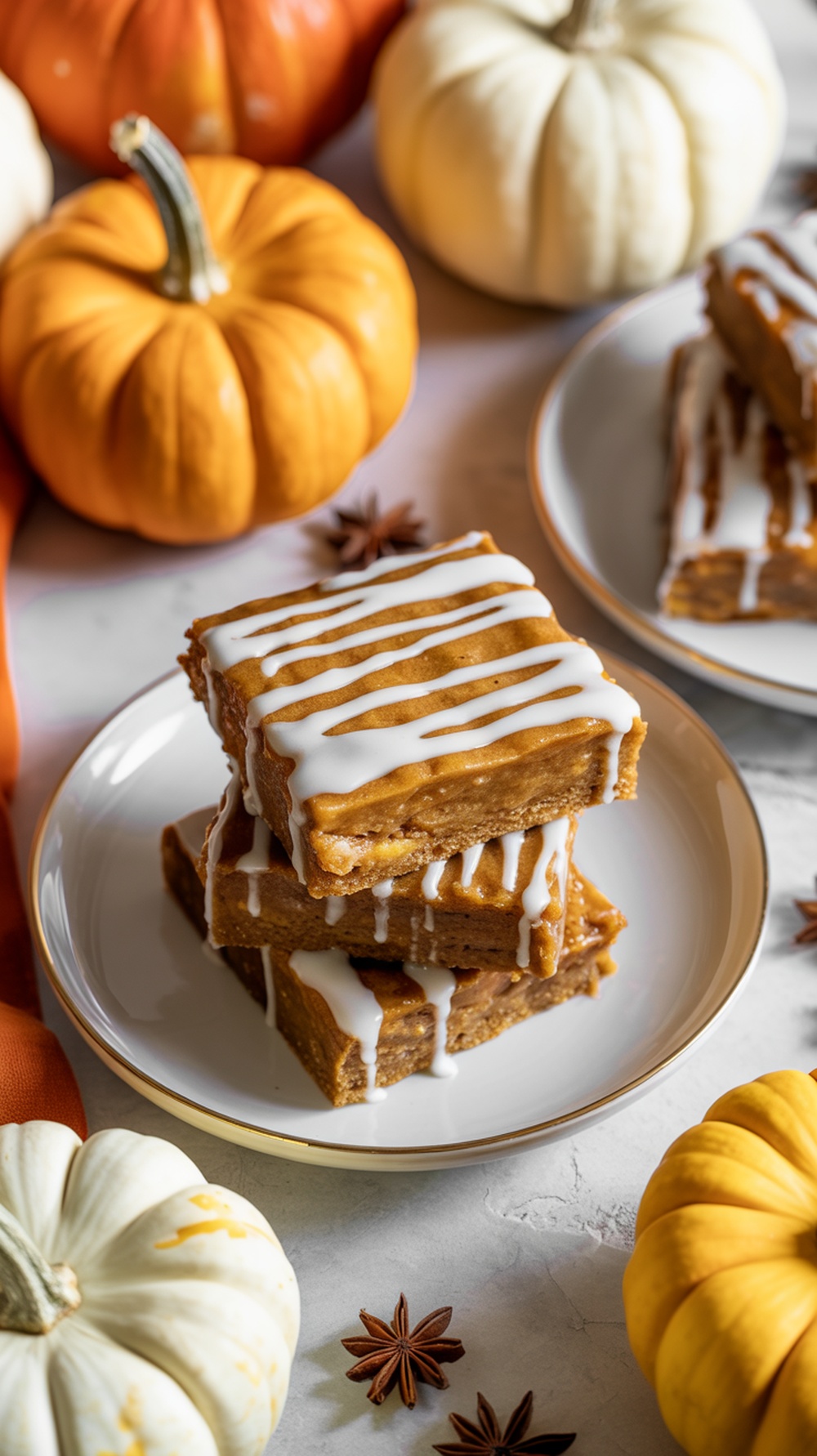 Pumpkin spice breakfast bars stacked on a plate with pumpkins in the background.